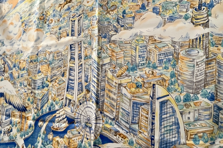 以天空的視點描繪出港未來街道的素描風格設計的圍巾